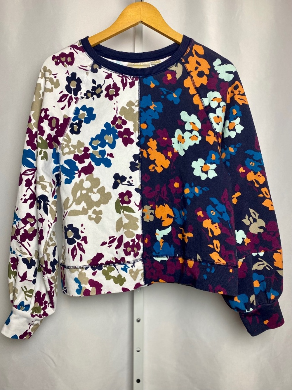 Maeve by Anthropologie Womenʻs Colorful Patchwork-style Puff-Sleeve Sweatshirt S